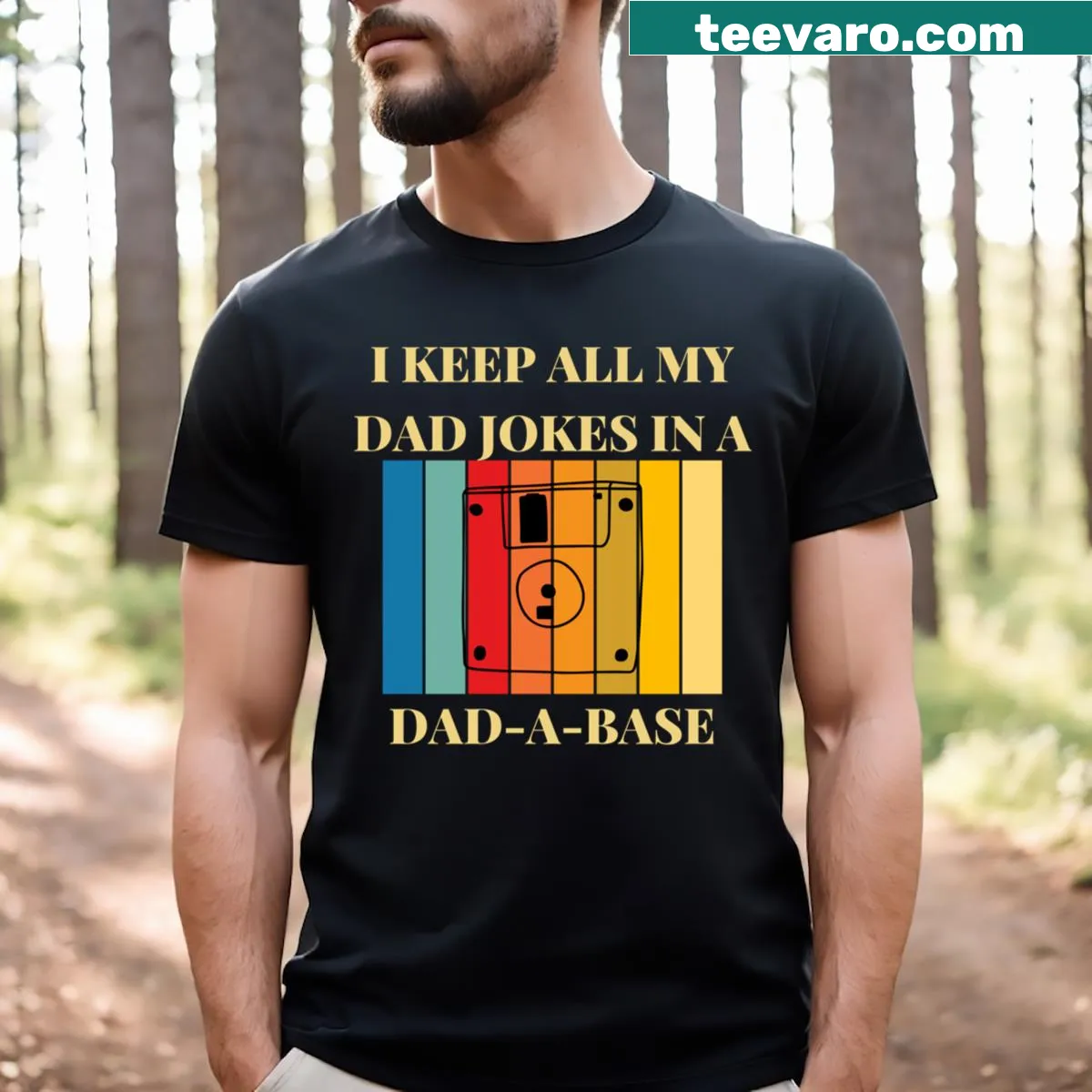 Vintage-style T-shirt about dad jokes, saying 'I Keep All My Dad Jokes In A Dadabase' — on a men's t-shirt