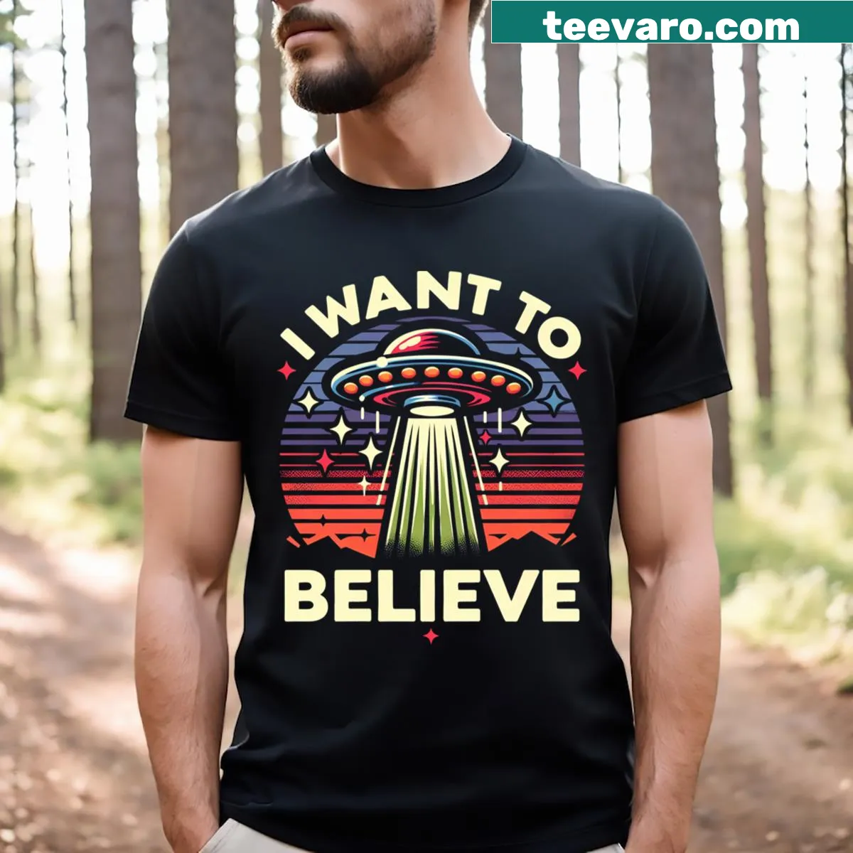 T-shirt featuring the phrase 'I Want To Believe' in bold typography — on a men's t-shirt