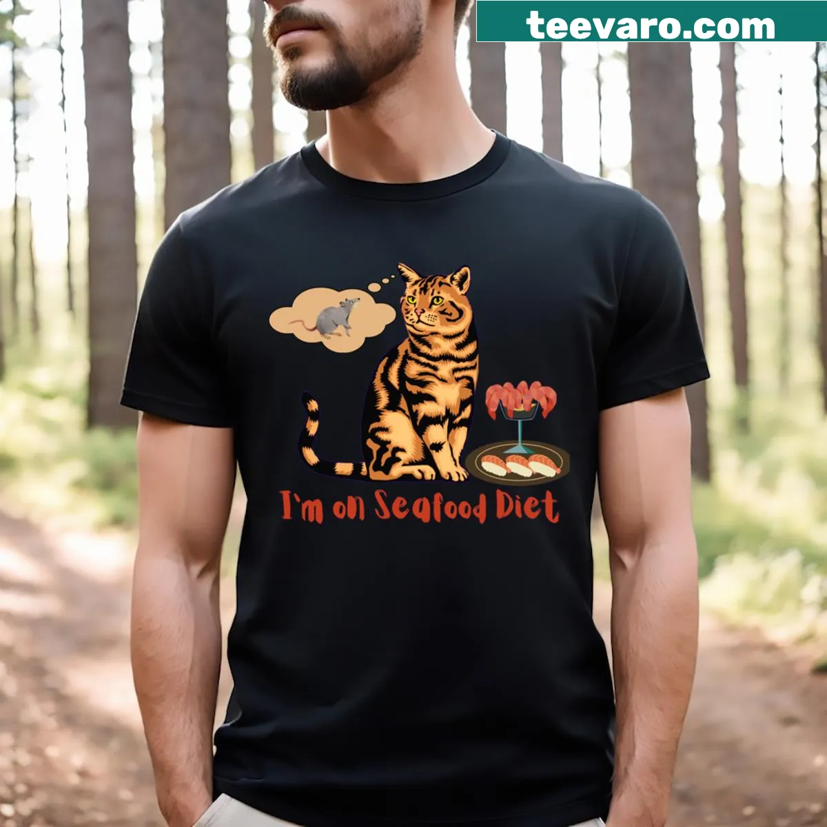 Humorous t-shirt with seafood diet cat slogan — on a men's t-shirt