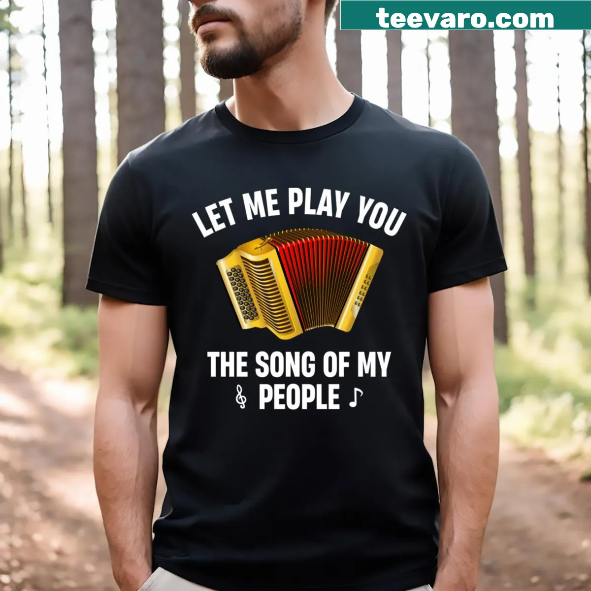 Music-themed t-shirt with accordion design and playful text — on a men's t-shirt