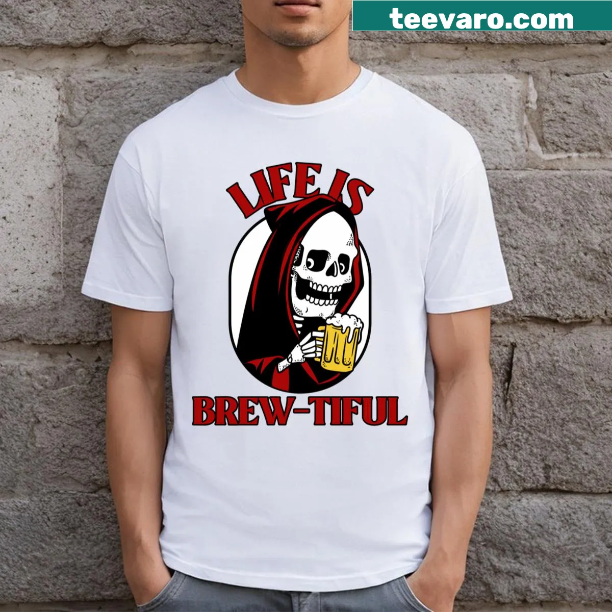 Illustration t-shirt with the phrase 'Life Is Brewtiful' celebrating coffee — on a men's t-shirt