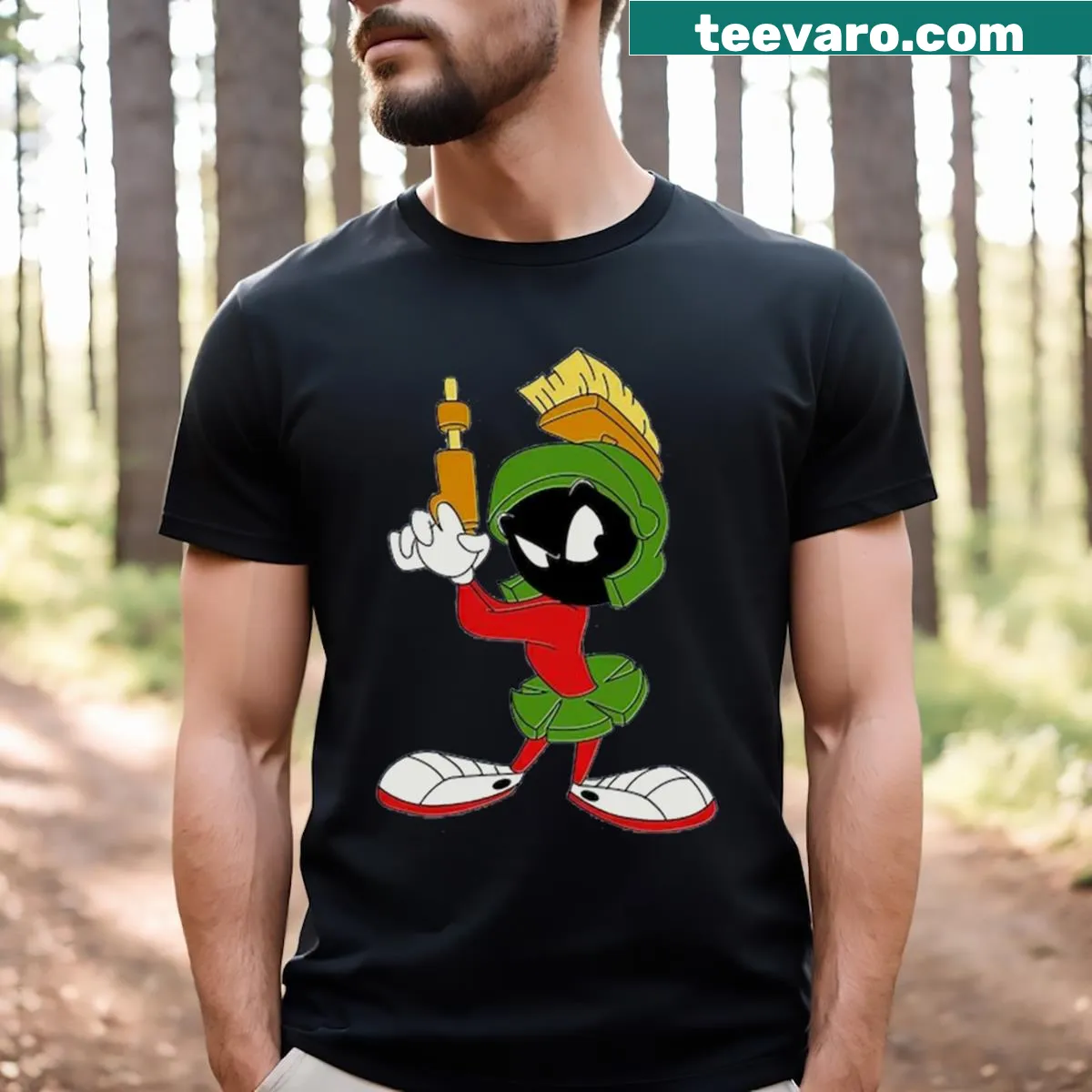 Playful Martian cartoon t-shirt featuring a whimsical design — on a men's t-shirt