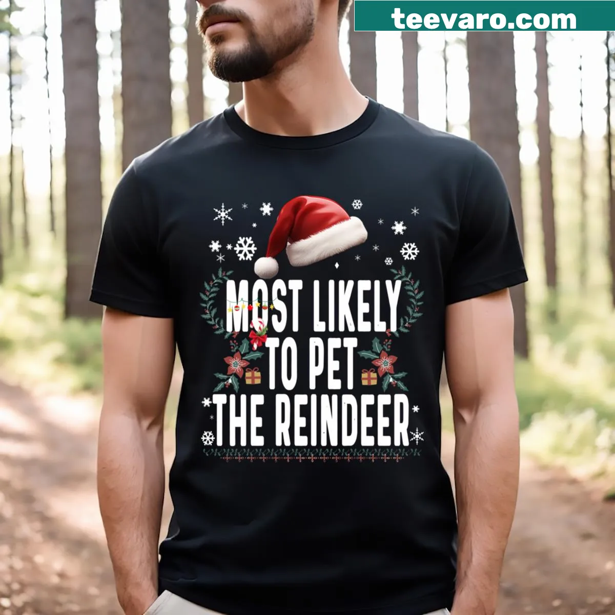 Funny Christmas graphic T-shirt with reindeer petting theme. — on a men's t-shirt