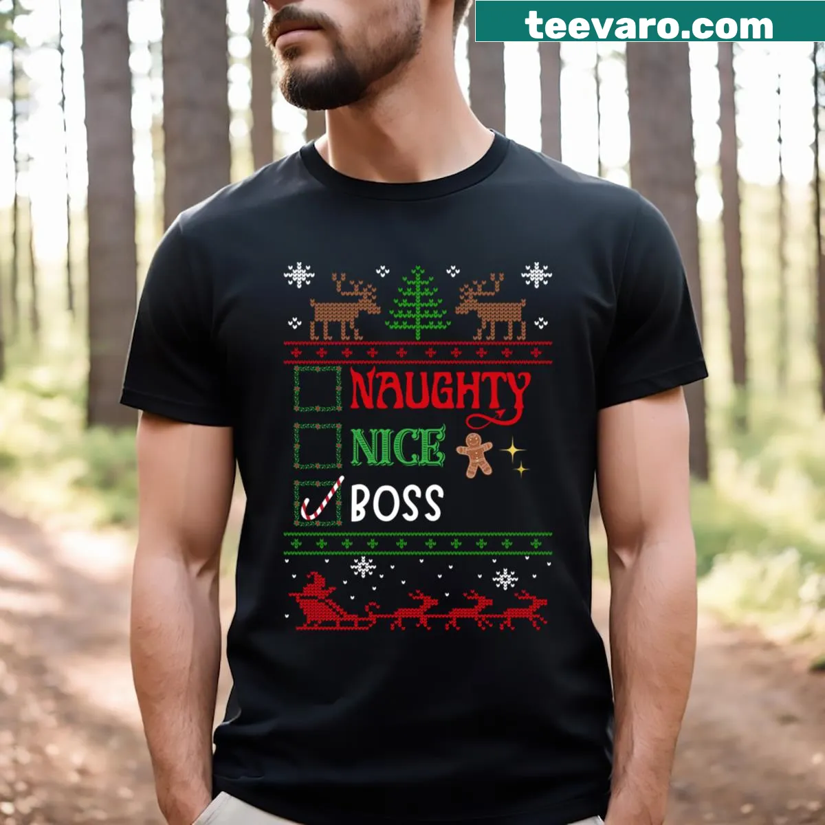 Funny Christmas t-shirt for bosses with 'Naughty Nice Boss' text — on a men's t-shirt