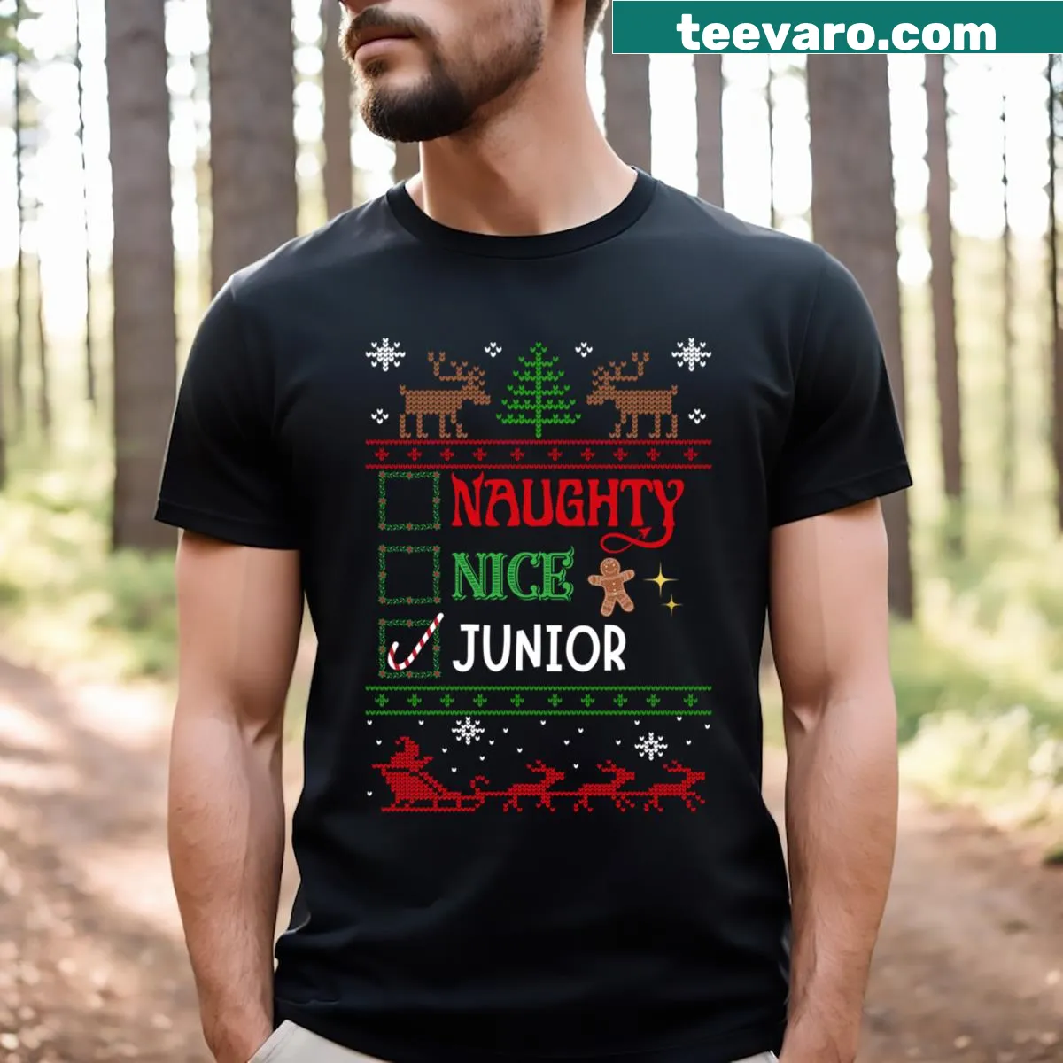 Funny Christmas t-shirt for juniors with 'Naughty Nice Junior' text — on a men's t-shirt