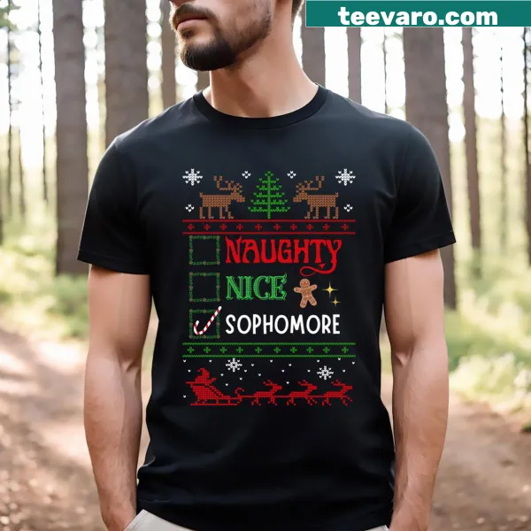 Funny Christmas-themed t-shirt with Naughty Nice quote