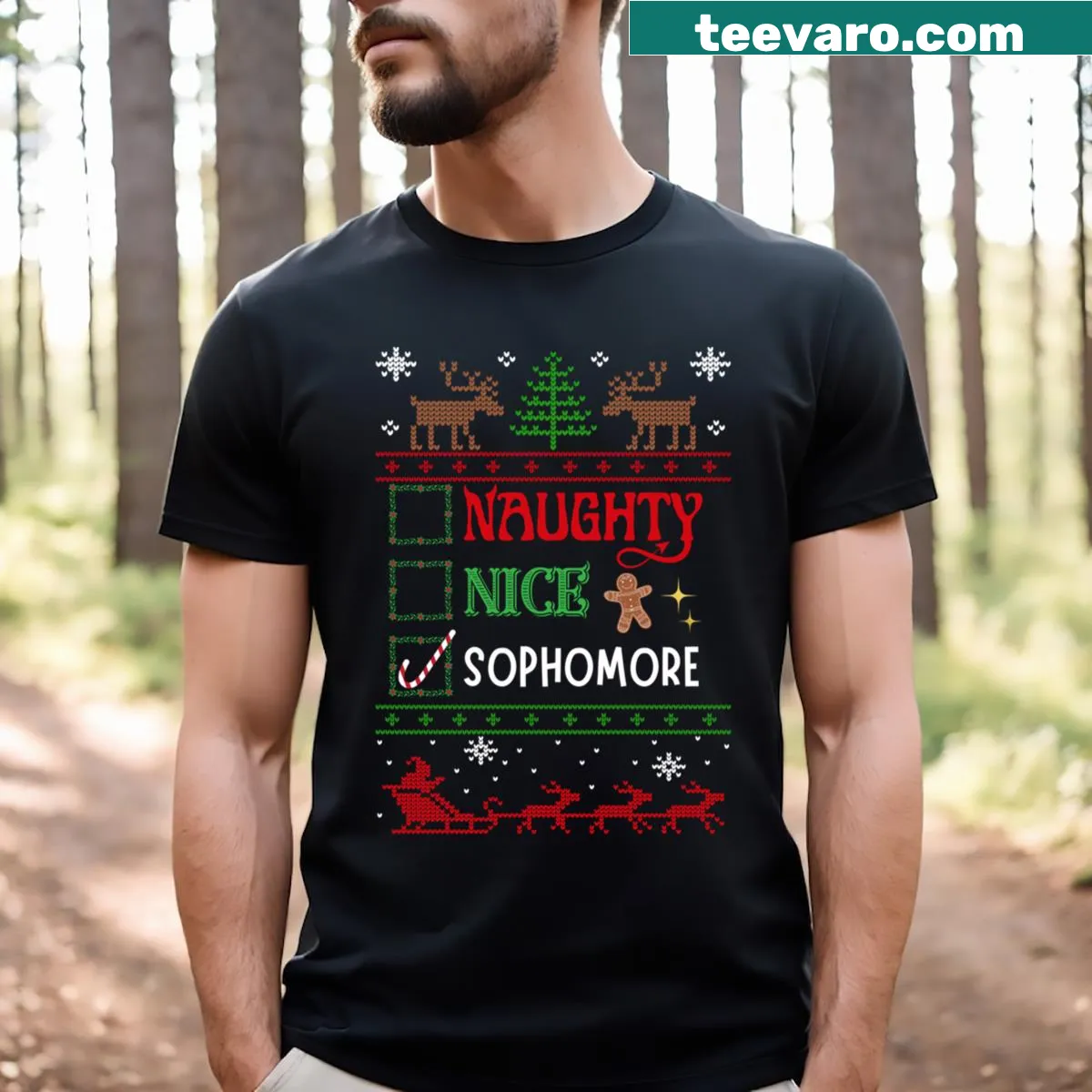 Funny Christmas-themed t-shirt with Naughty Nice quote — on a men's t-shirt