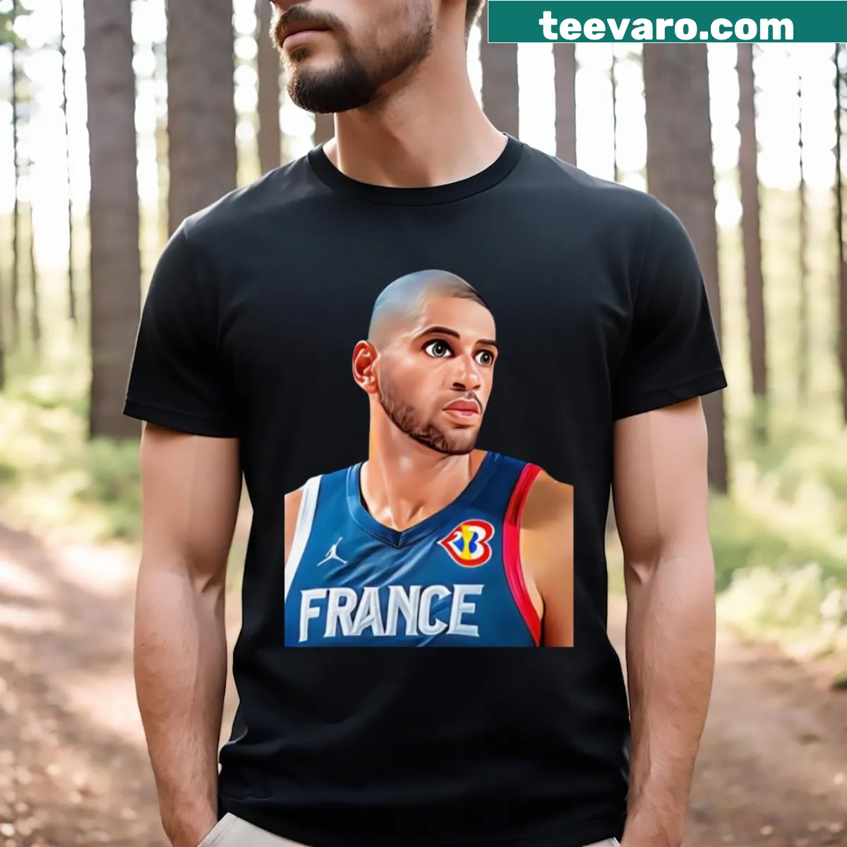 Cartoon T-shirt featuring Nicolas Batum in action — on a men's t-shirt