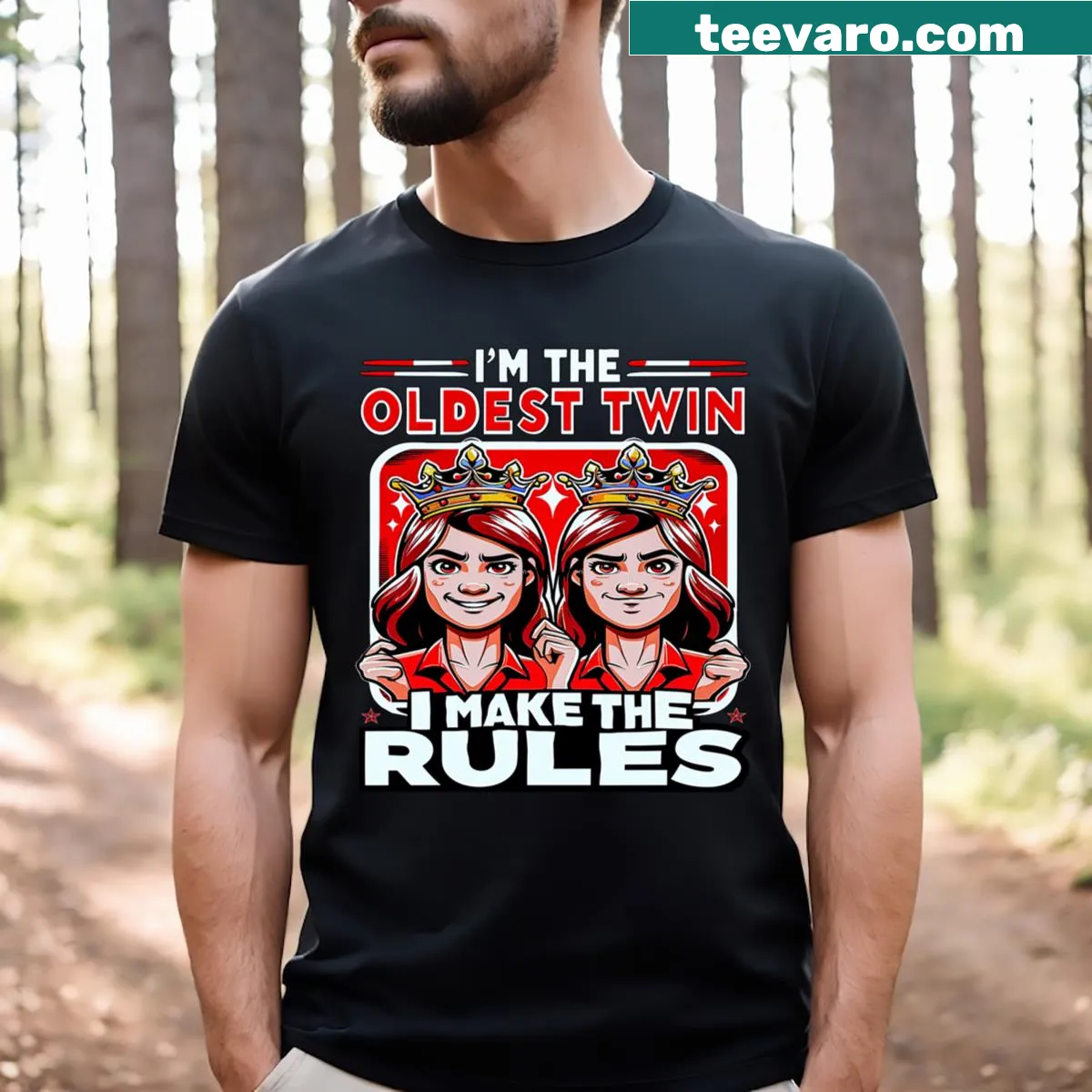 Playful illustration of 'Oldest Twin Authority' on t-shirt for twins — on a men's t-shirt