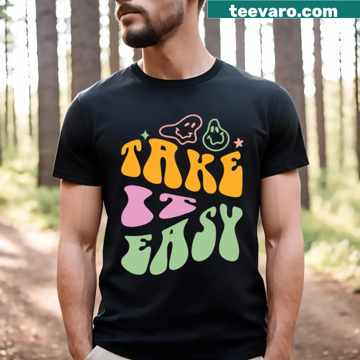 Psychedelic print T-shirt with pastel colors and no text. — on a men's t-shirt
