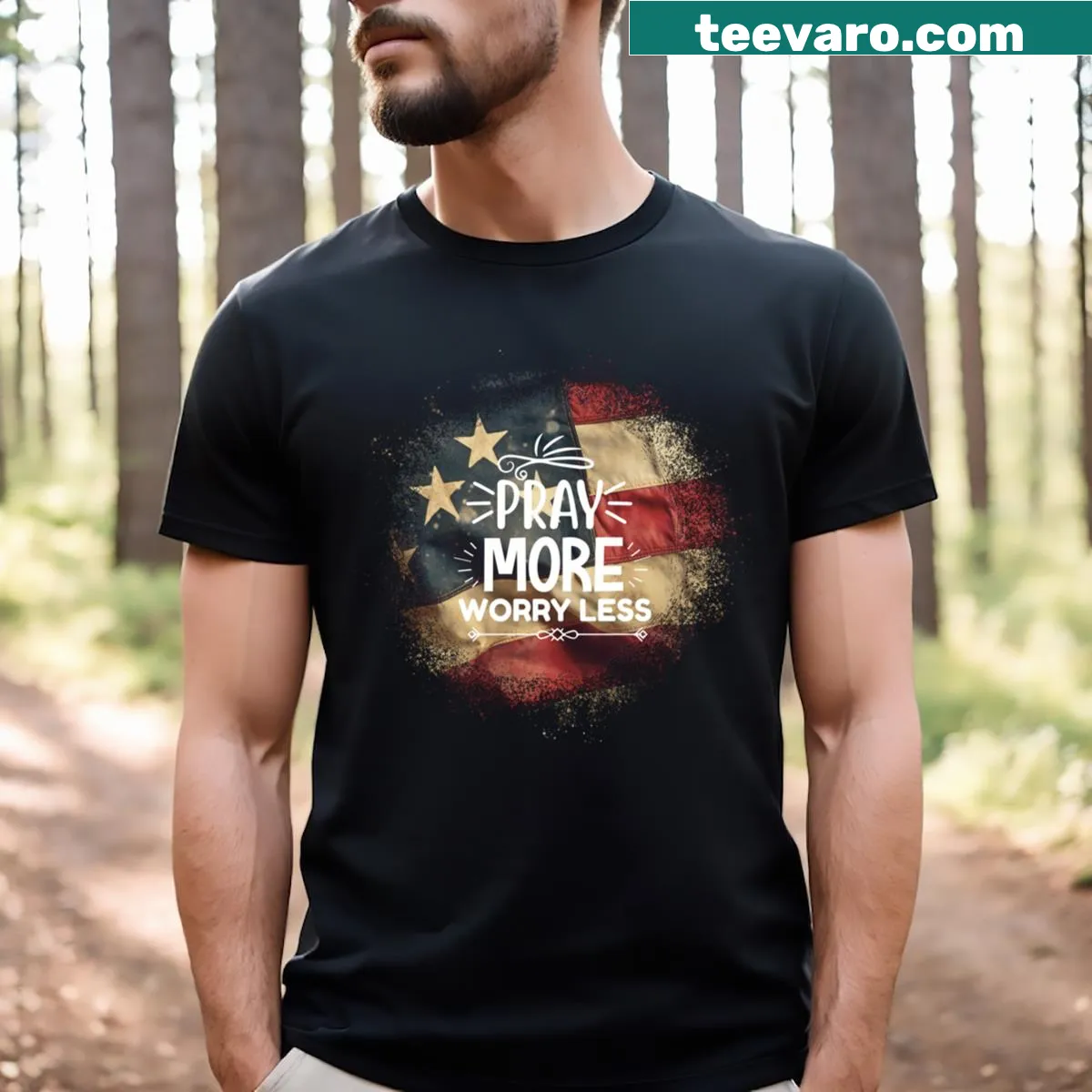 T-shirt with the phrase 'Pray More Worry Less' and the American flag. — on a men's t-shirt