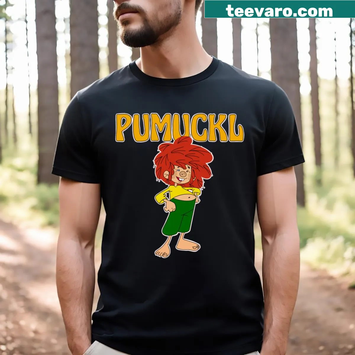 T-shirt featuring a cartoon of Pumuckl from folklore. — on a men's t-shirt