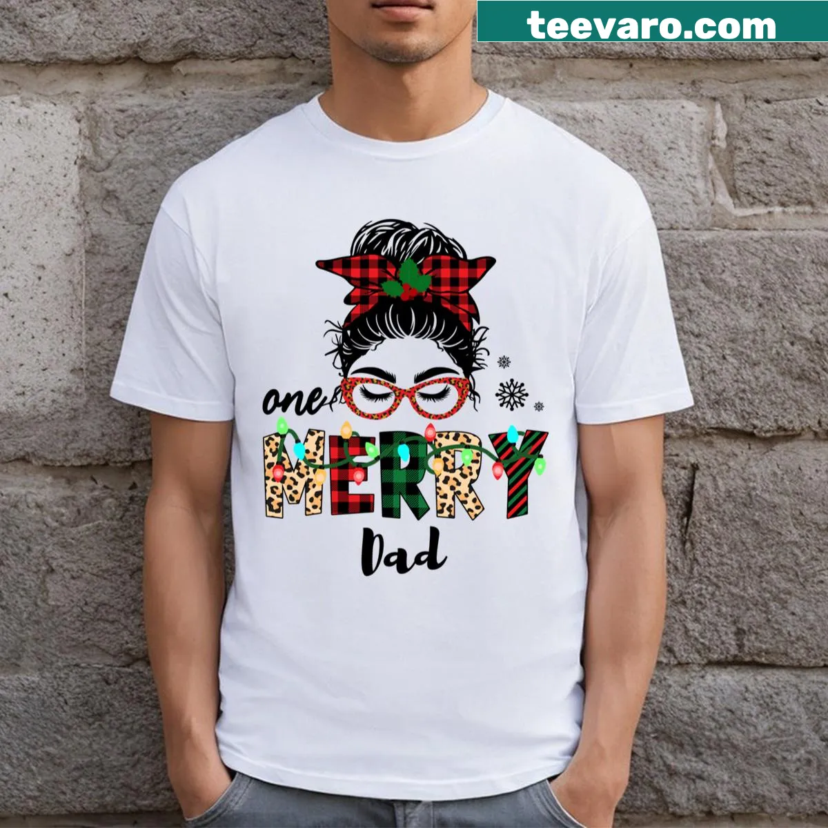 Festive T-shirt with a merry dad and messy bun design for Christmas — on a men's t-shirt
