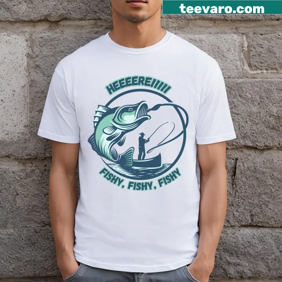 Funny t-shirt with retro fishing-themed typography — on a men's t-shirt