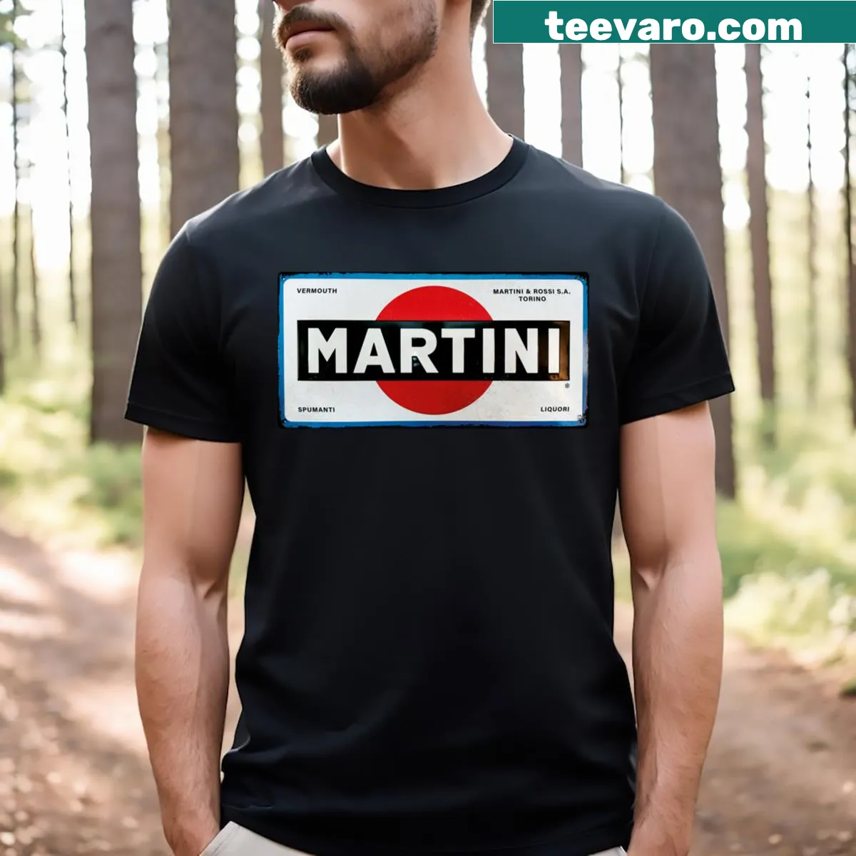 Playful retro martini sign graphic T-shirt — on a men's t-shirt