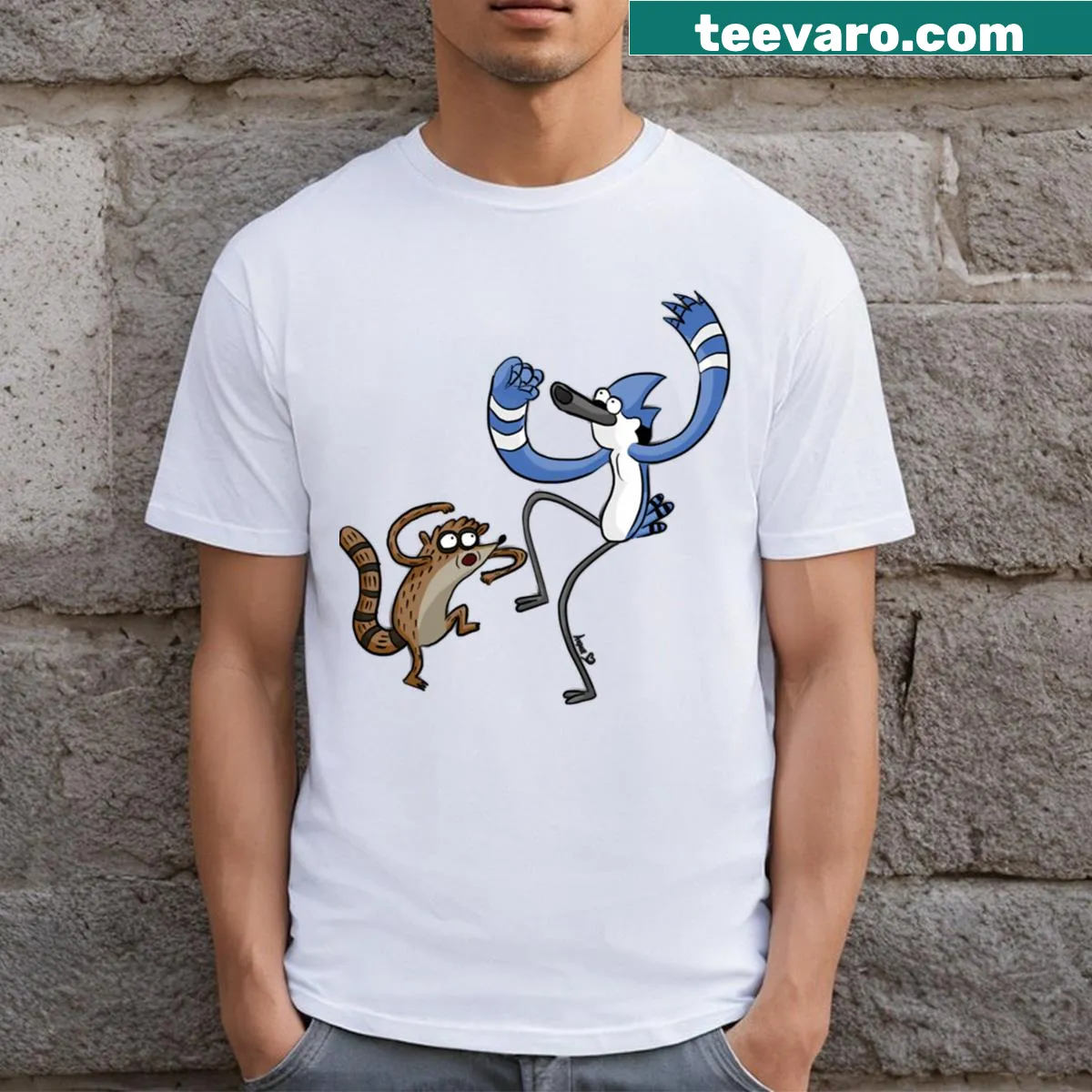 Graphic tee featuring Rigby and Mordecai from the animated series — on a men's t-shirt