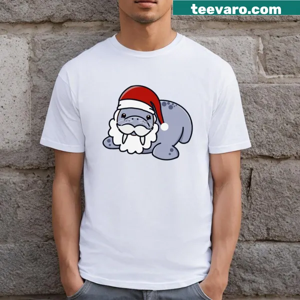 Whimsical T-shirt featuring a walrus dressed as Santa