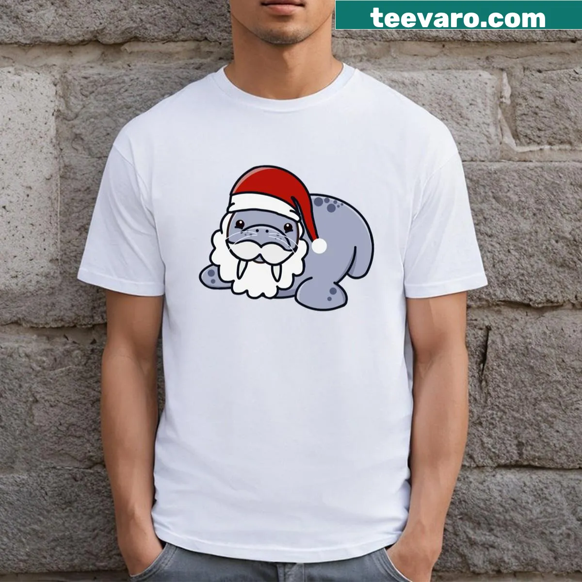 Whimsical T-shirt featuring a walrus dressed as Santa — on a men's t-shirt