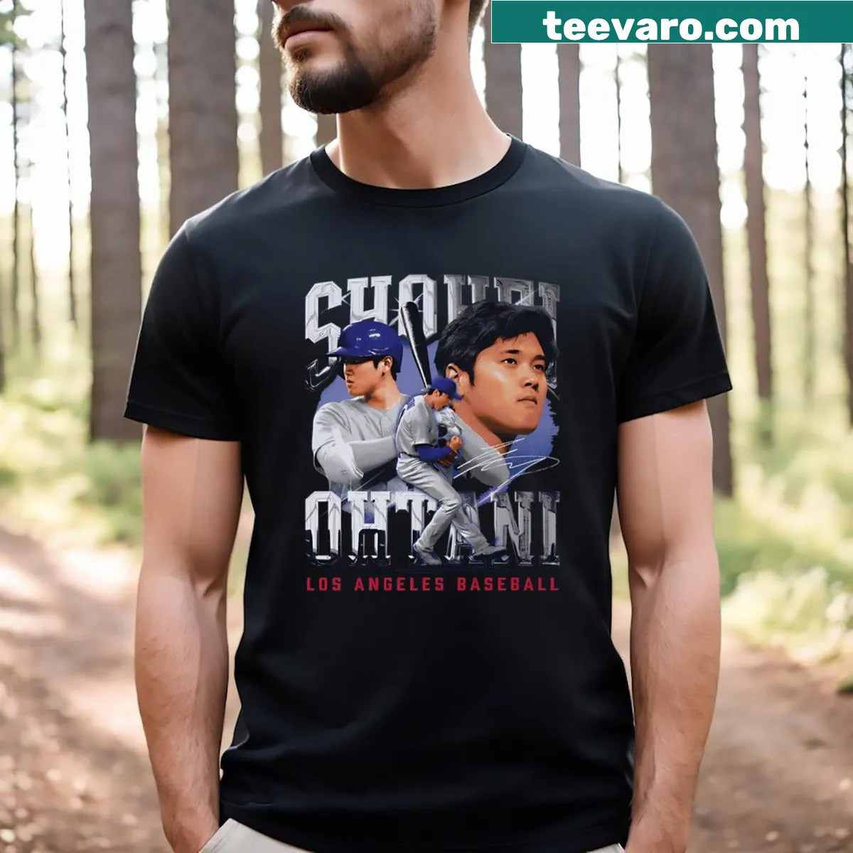 T-shirt featuring a graphic illustration of Shohei Ohtani in action — on a men's t-shirt