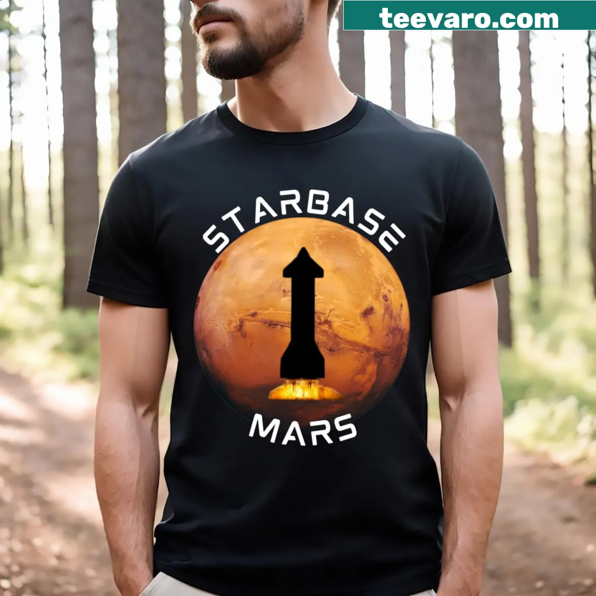 Illustrated t-shirt featuring the SpaceX Starship — on a men's t-shirt