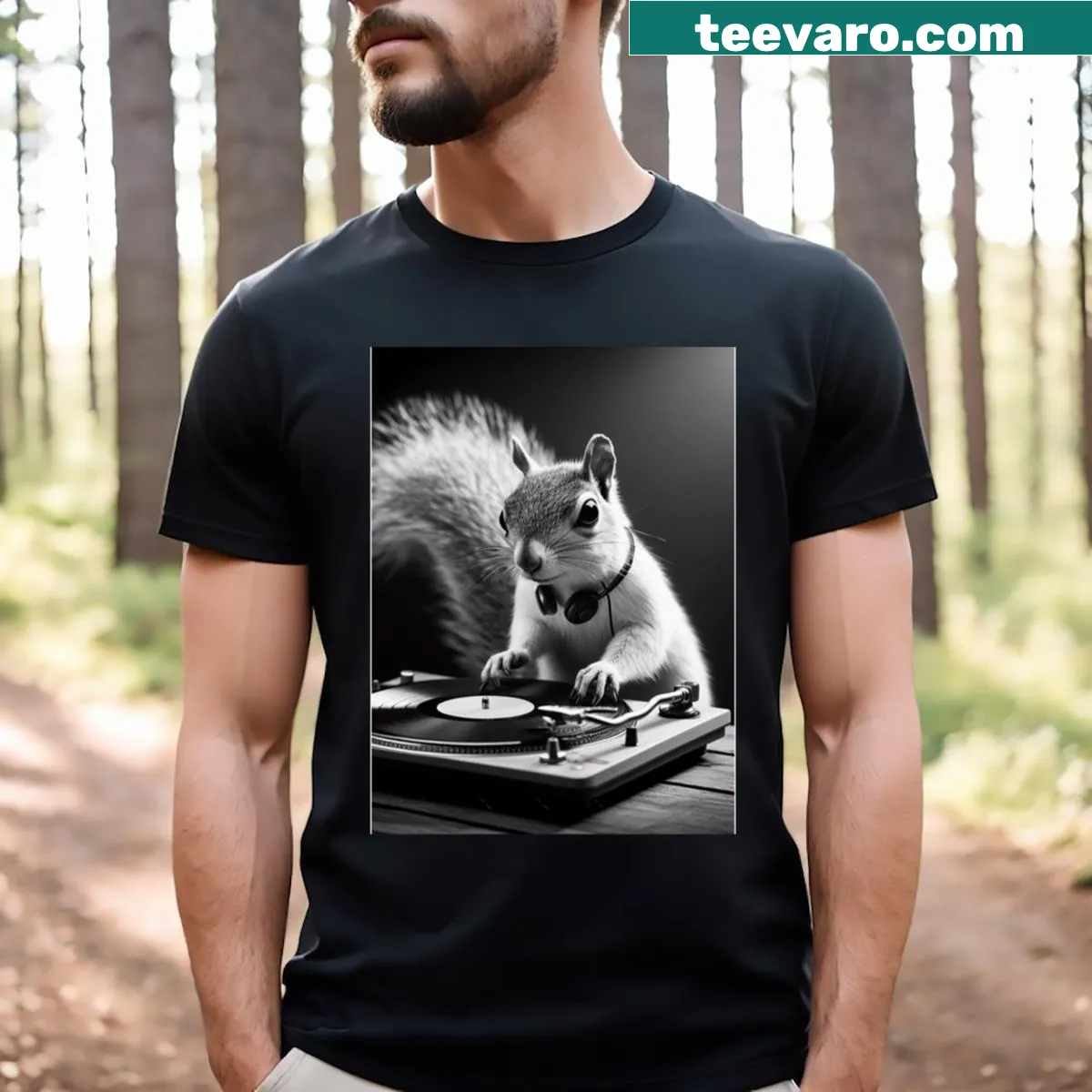 Cartoon DJ squirrel graphic t-shirt — on a men's t-shirt