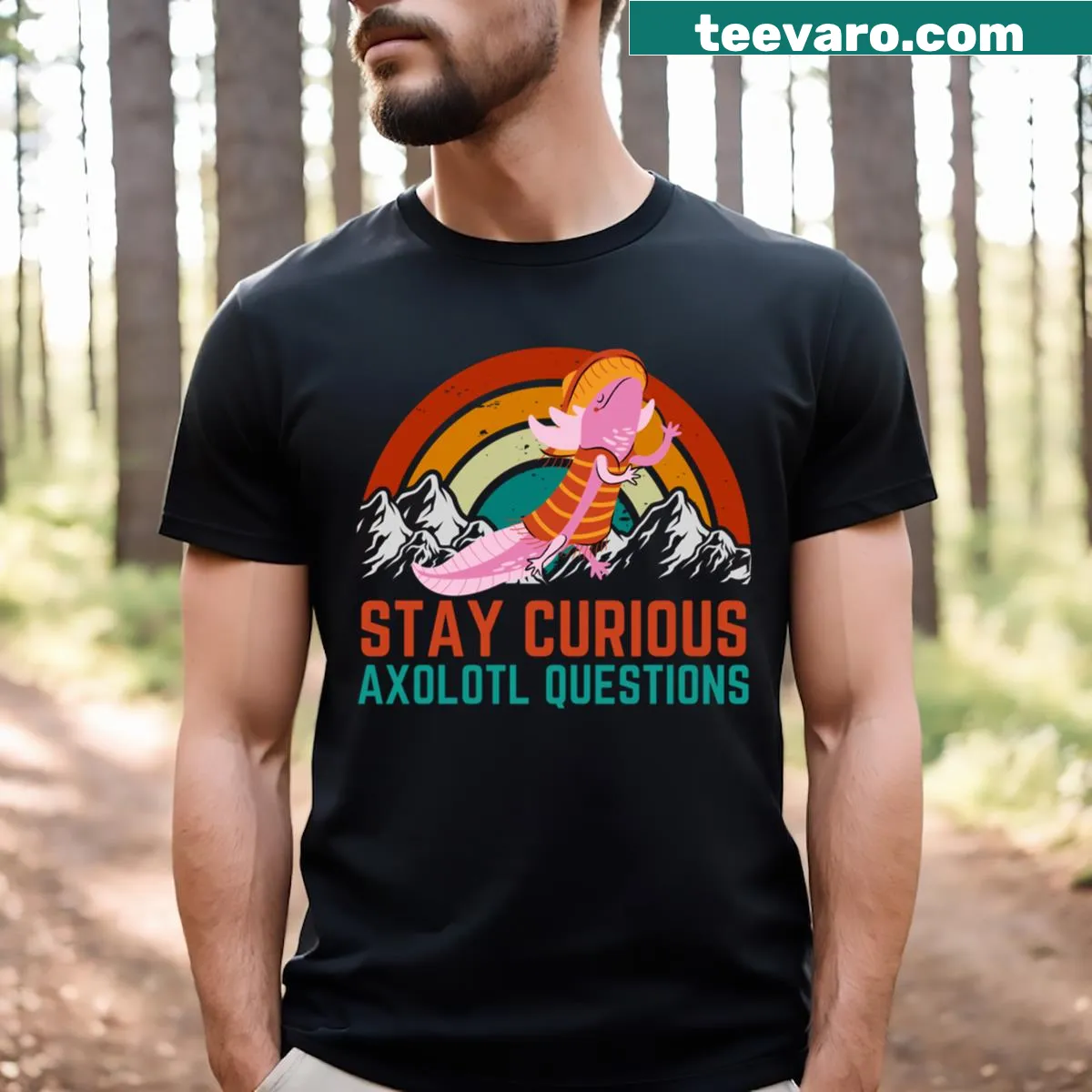 Adorable axolotl graphic T-shirt promoting curiosity — on a men's t-shirt