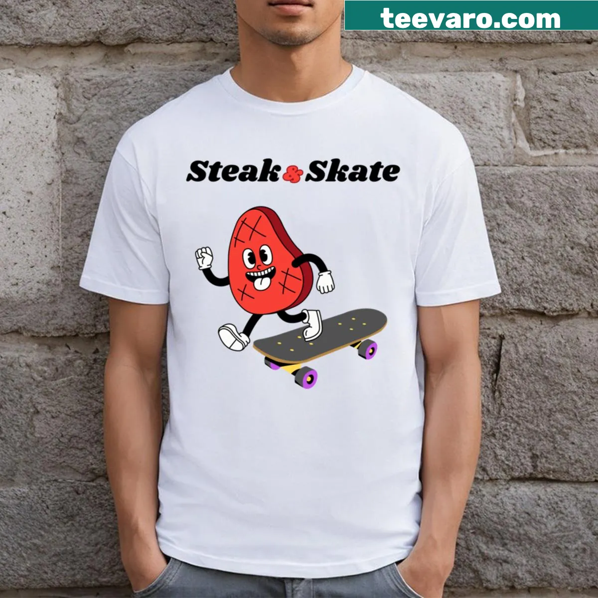 Playful steak and skateboard graphic on a t-shirt — on a men's t-shirt