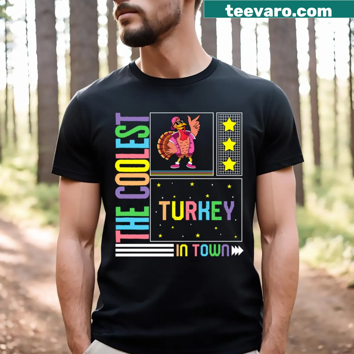 Cute cartoon turkey in sunglasses on a Thanksgiving t-shirt — on a men's t-shirt