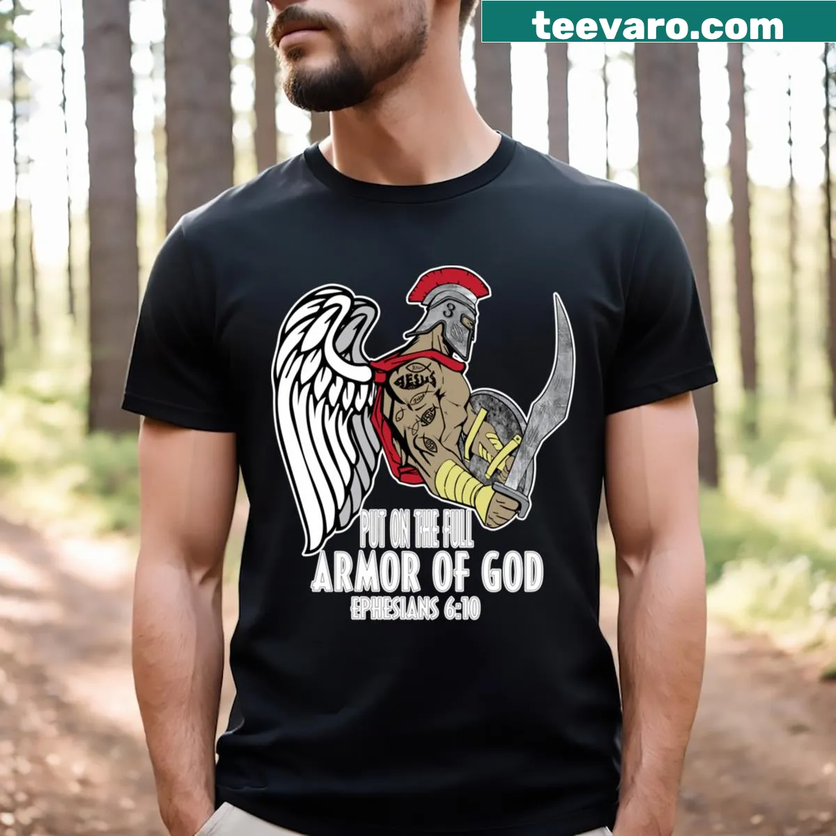 Inspirational Armor of God t-shirt with symbolic elements — on a men's t-shirt