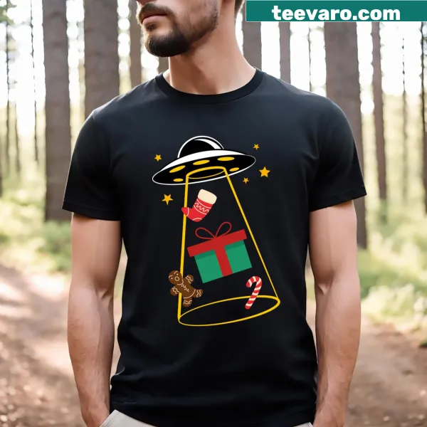 Funny holiday T-shirt with UFO and Christmas gift theme