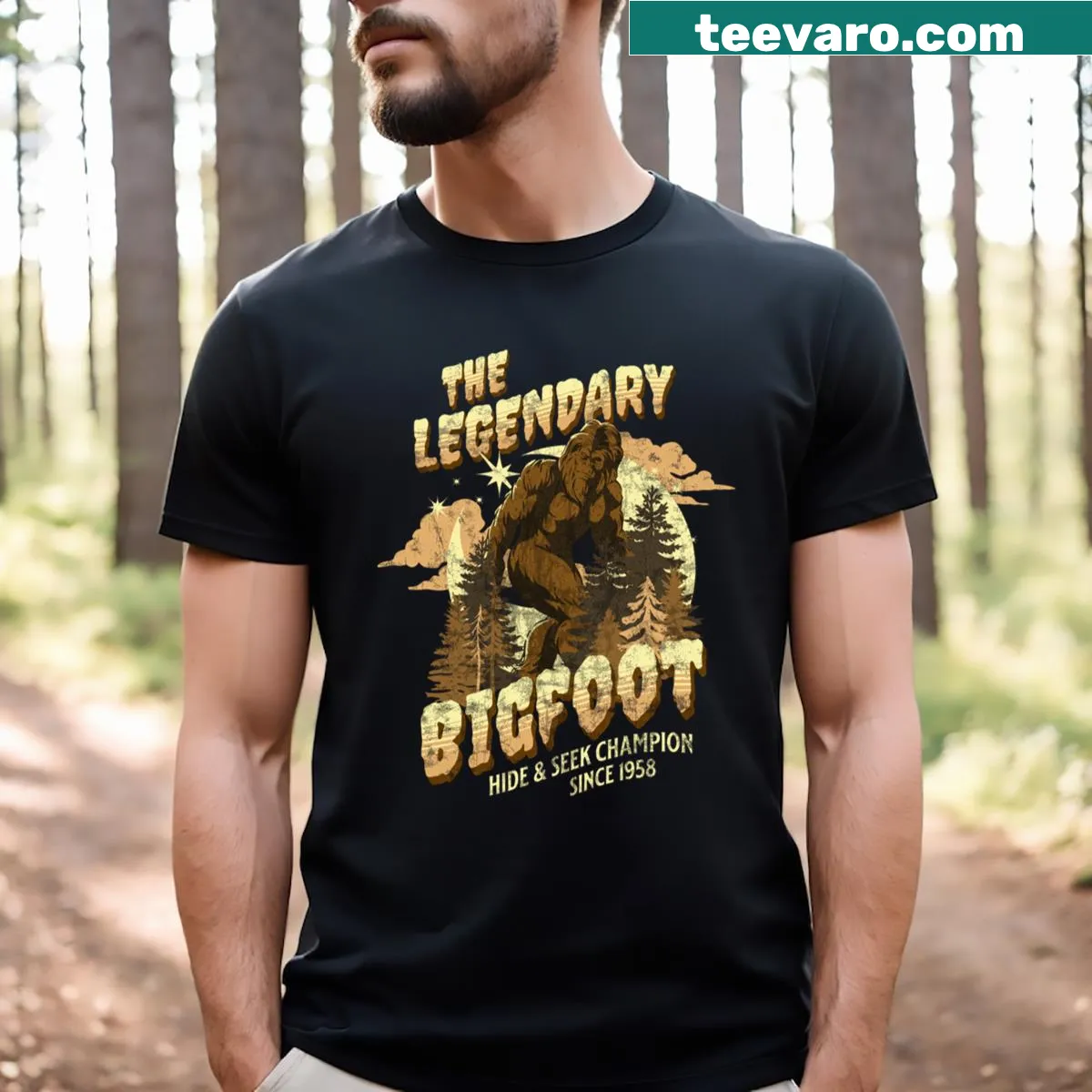 Legendary Bigfoot design T-shirt with a mythical creature illustration — on a men's t-shirt