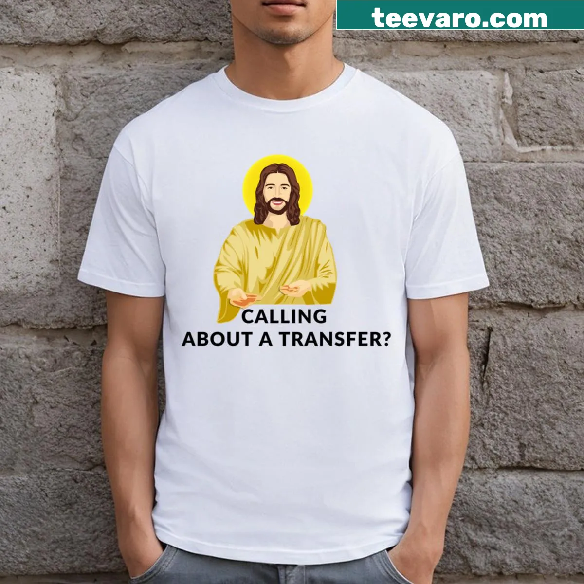 Funny nurse t-shirt with 'Transfer To Jesus' graphic in die cut style — on a men's t-shirt