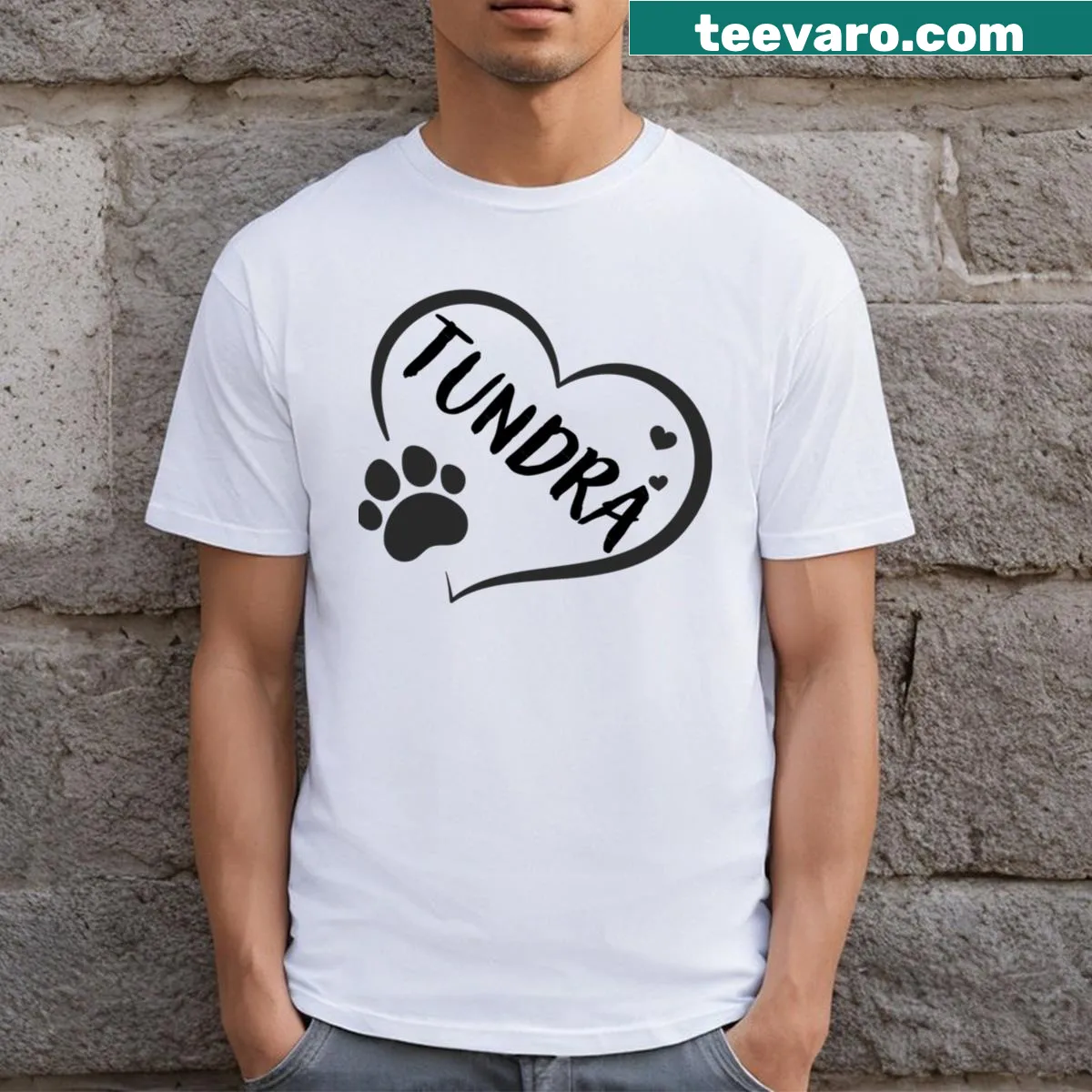 Heart-shaped design with pet name and paw print illustration — on a men's t-shirt