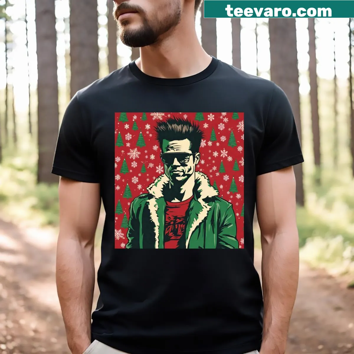 Graphic featuring Tyler Durden themed Christmas design — on a men's t-shirt