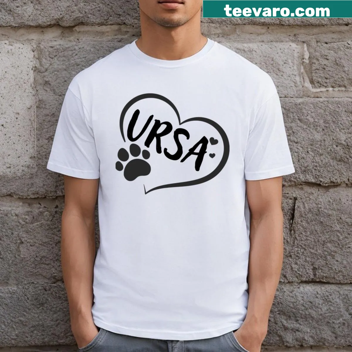 T-shirt with heart design featuring a pet's name and a paw print — on a men's t-shirt