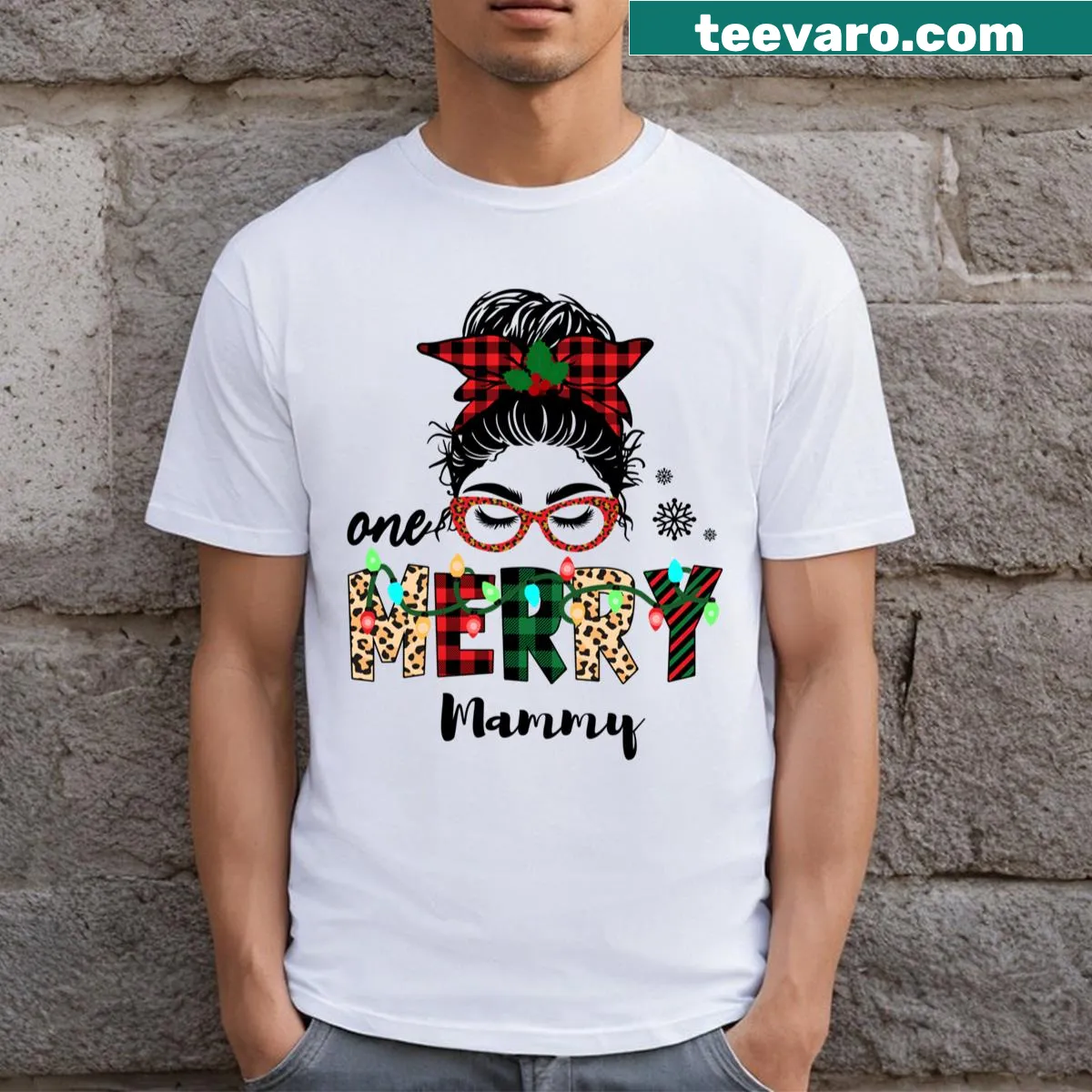 Festive T-shirt for moms with 'One Merry Mammy' text — on a men's t-shirt