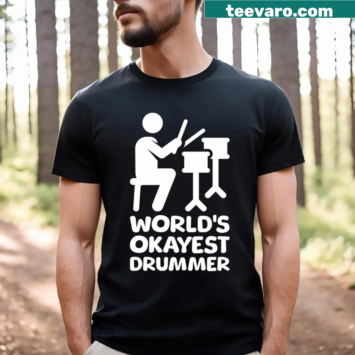 Black and white cartoon t-shirt declaring World's Okayest Drummer. — on a men's t-shirt