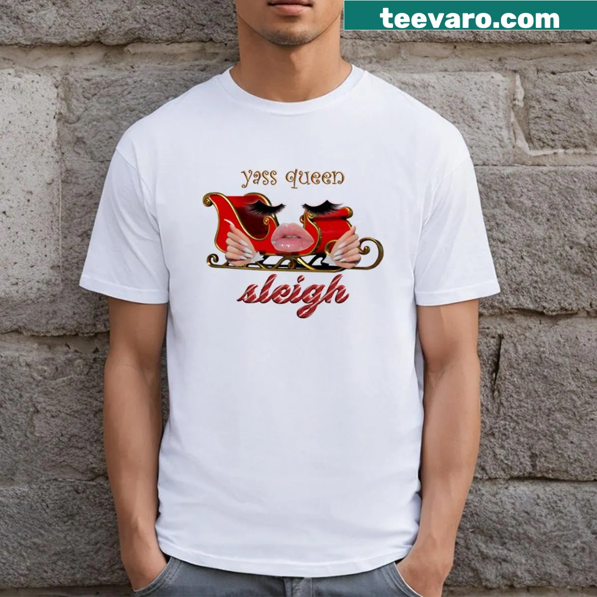 Playful holiday-themed Yass Queen Sleigh T-shirt — on a men's t-shirt