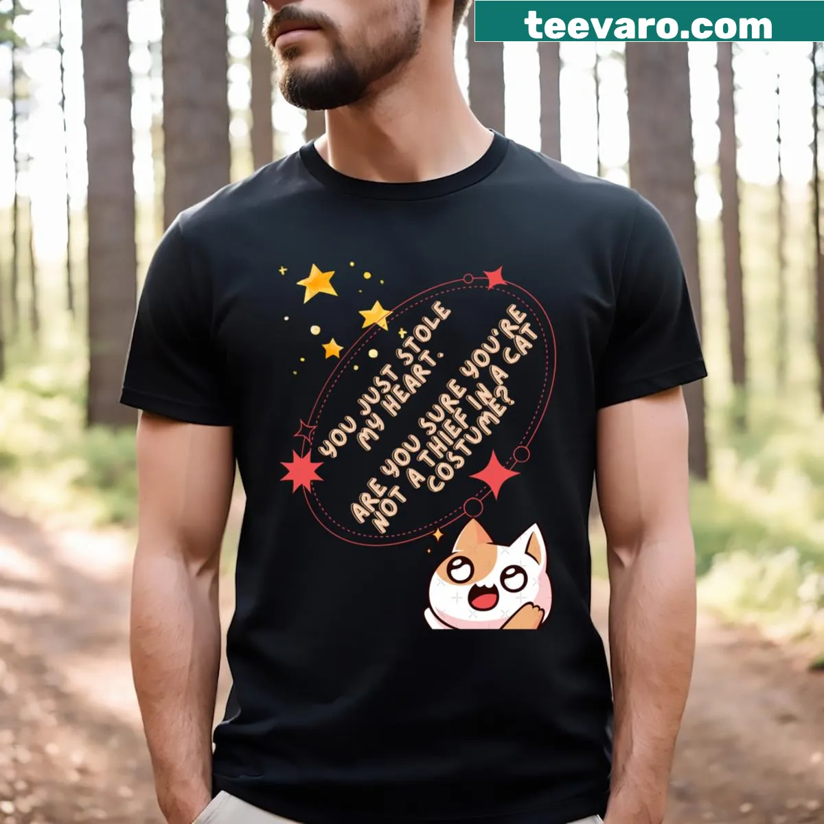 Humorous T-shirt depicting a thief in a cat costume — on a men's t-shirt