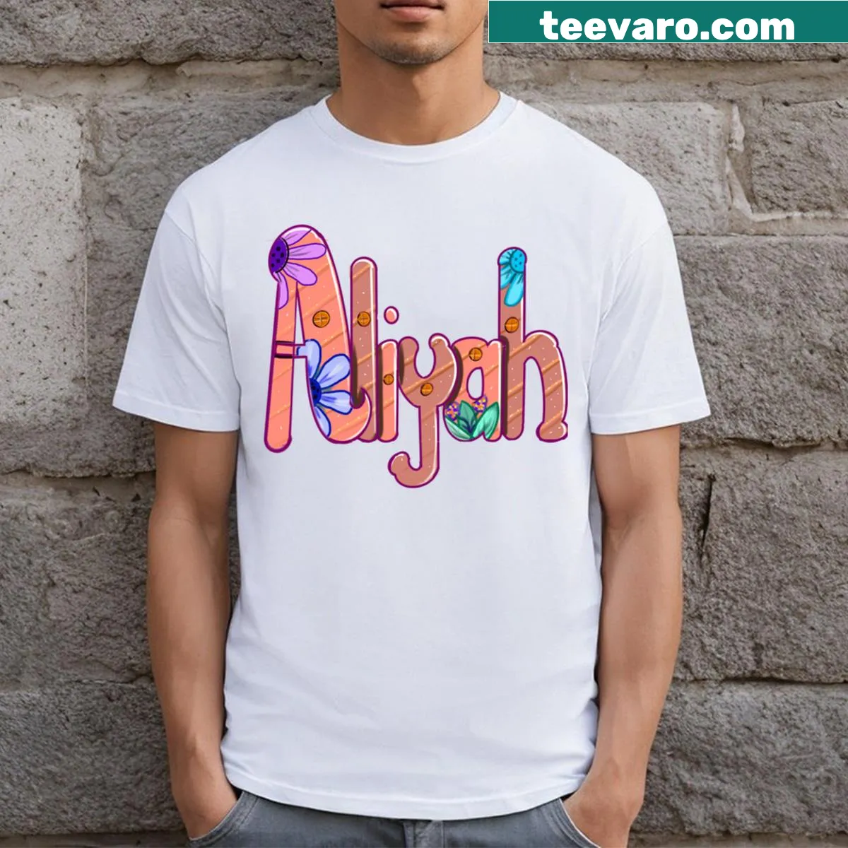 Graffiti-style personalized name art on a trendy t-shirt — on a men's t-shirt