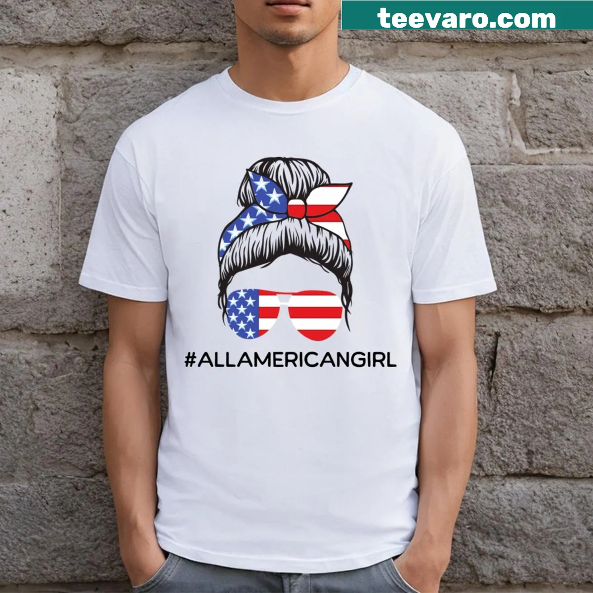 Cute typography t-shirt featuring All American Girl design — on a men's t-shirt