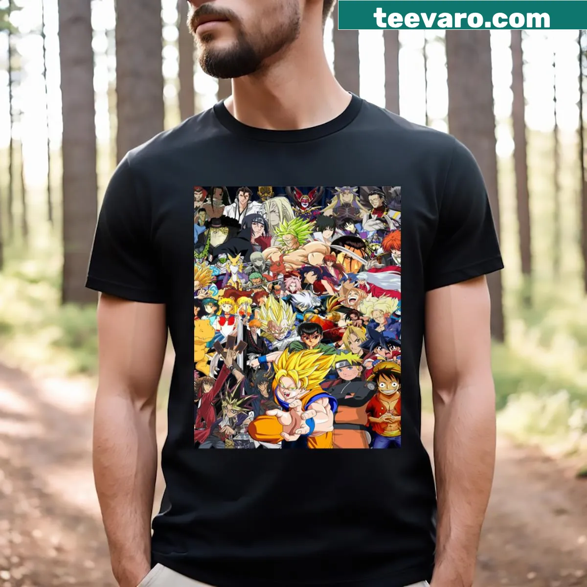 T-shirt featuring a variety of anime characters in a colorful design — on a men's t-shirt