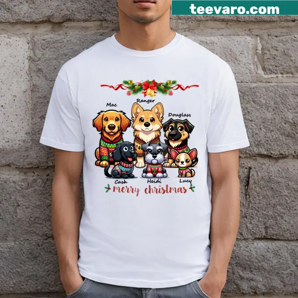 T-shirt featuring a variety of dog breeds in a playful design