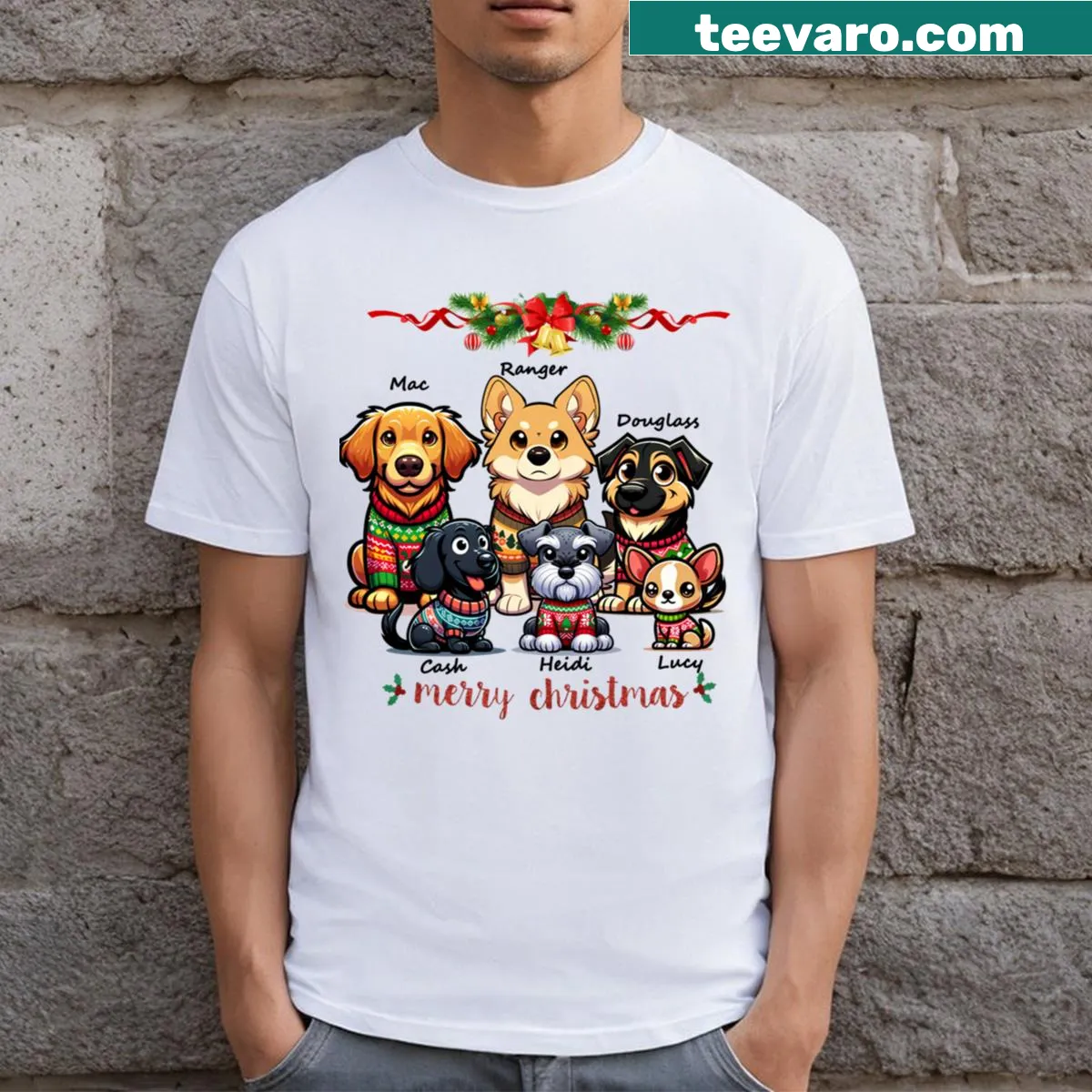 T-shirt featuring a variety of dog breeds in a playful design — on a men's t-shirt