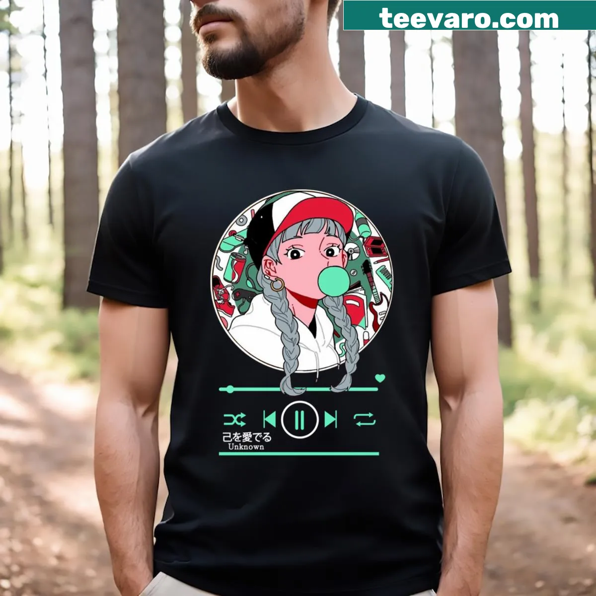 Anime girl T-shirt with music player aesthetic — on a men's t-shirt