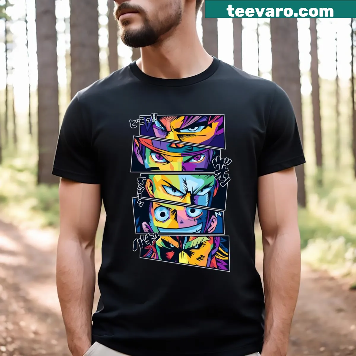 Pop Art style Anime Legends T-shirt featuring iconic characters — on a men's t-shirt