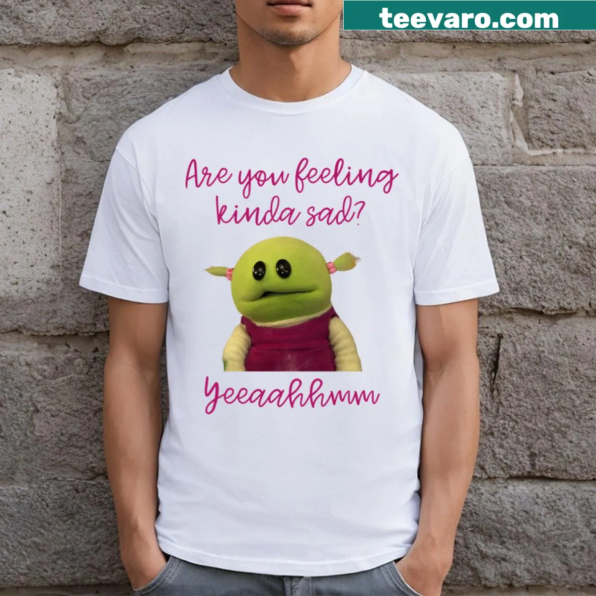 Whimsical text asking if you're feeling sad with charming graphics. — on a men's t-shirt
