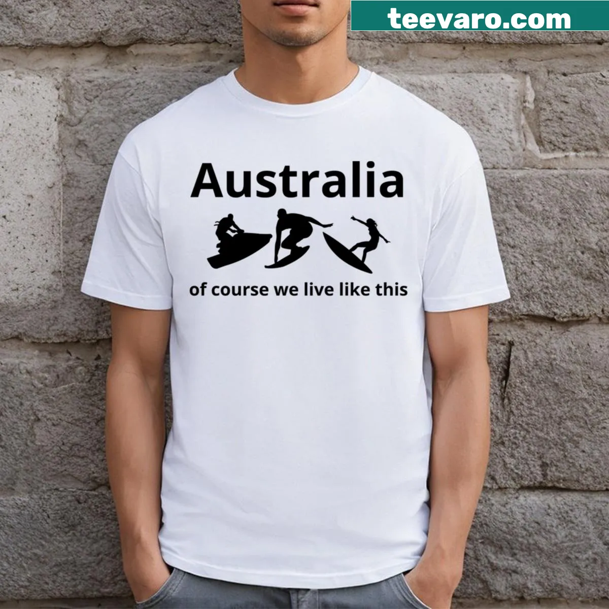 Playful typography on a t-shirt celebrating Australian lifestyle — on a men's t-shirt