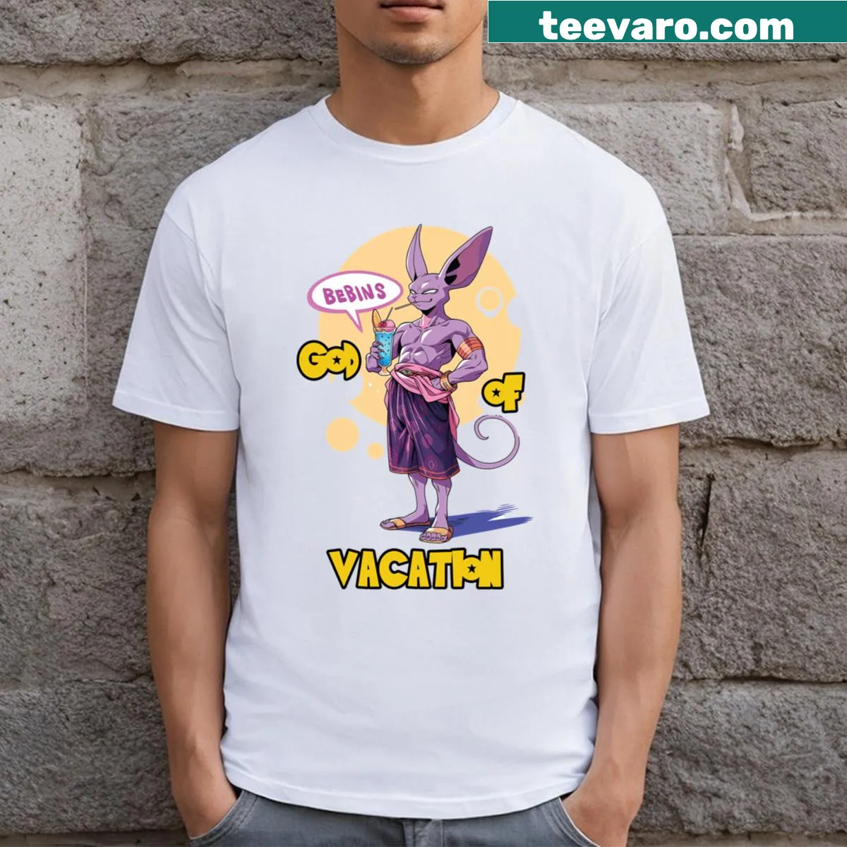 Beerus character graphic in a holiday theme on a t-shirt — on a men's t-shirt