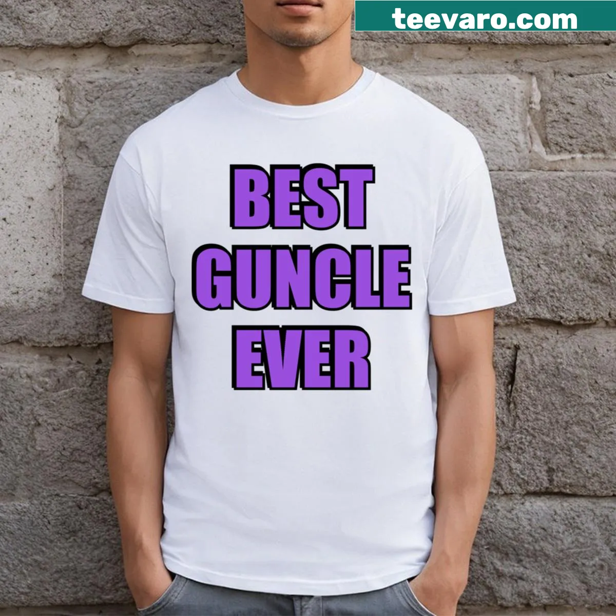 Funny T-shirt stating 'Best Guncle Ever' with playful typography — on a men's t-shirt